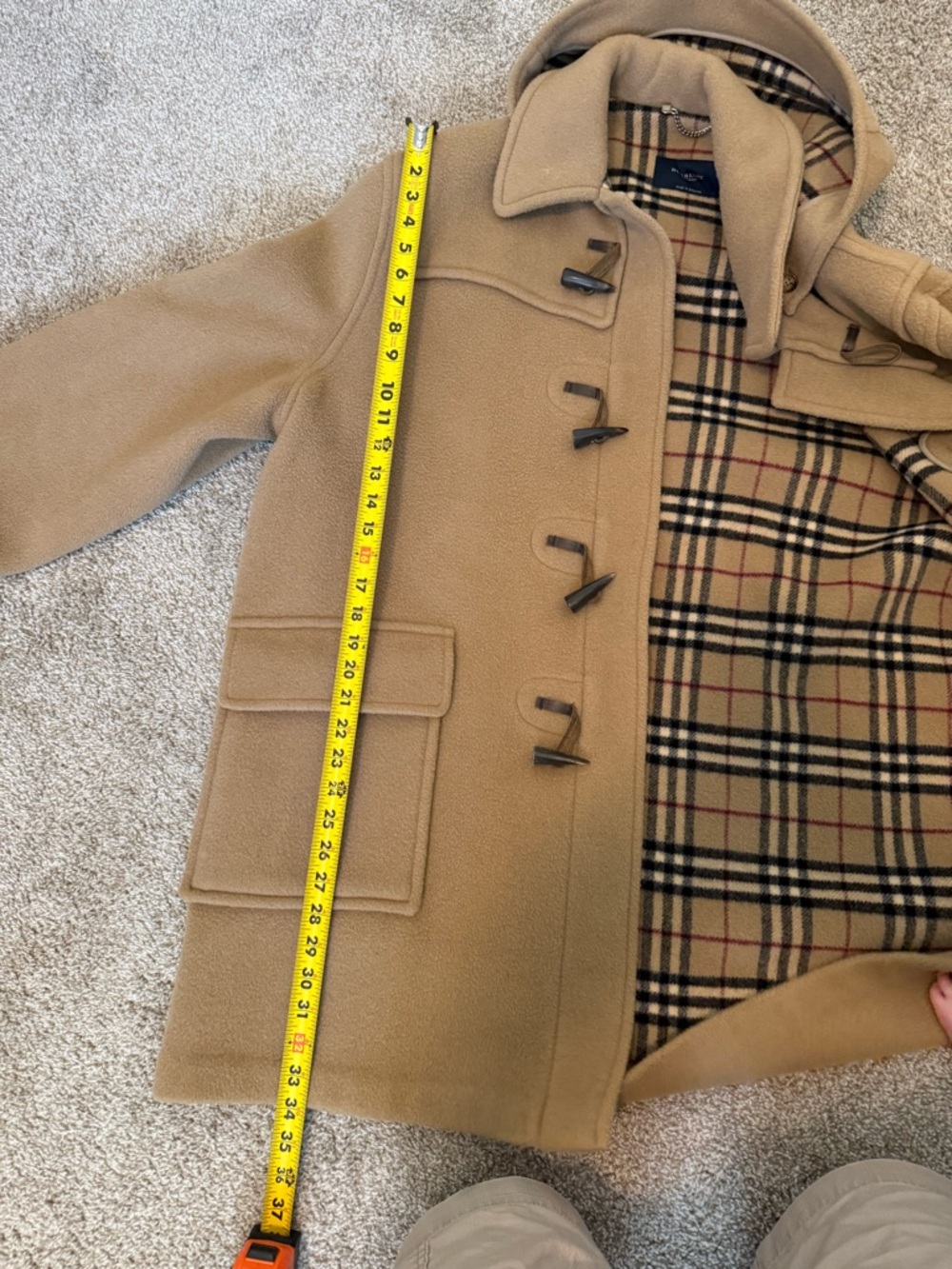 Burberry Camel Wool Pea Coat with Signature Check Lining - Picture 12 of 14